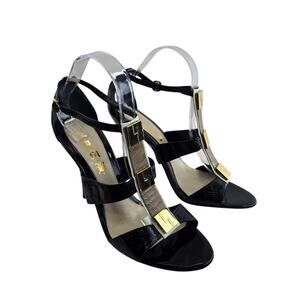 Vintage LAMB Heels Womens 9.5 Gwen Stefani Black Patent Leather Y2K Gold Tone